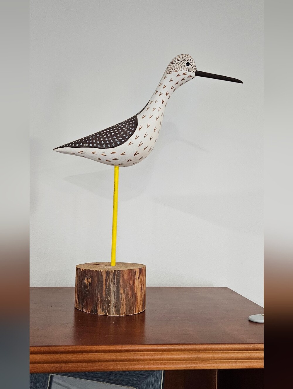 Hand-Painted Wooden Shorebird Sand Piper Sculpture - White, Black & Yellow